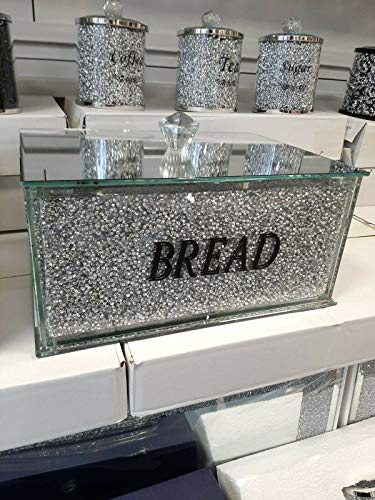 Panera de cristal de diamante triturado en plata para pan entero con adornos de plata de escritura negra para almacenamiento de cocina