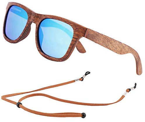 An Swallow Mens Wooden Sunglasses Polarised for Men Women, Womens Wood Sunglasses Bamboo Case with Strap (Walnut Wood, Blue Lens, Round Wood Case)