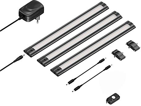 ledscom.de 3er Set LED Unterbau-Leuchte SIRIS schwarz matt mit Bewegungsmelder, flach, je 30cm, je 370lm, weiß