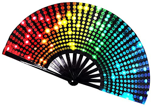 BAQI Large Rave Folding Hand Fan for Men/Women, Chinease/Japanese Bamboo and Nylon-Cloth Folding Hand Fan, for EDM, Music Festival, Club, Event, Party, Dance, Performance, Decoration, Gift