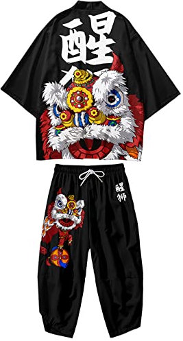 DOSLAVIDA Ensemble de veste kimono japonaise pour hommes, veste élégante ouverte sur le devant avec short, cardigan imprimé de style chinois, Small
