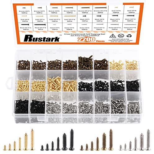 Rustark Lot de 2200 vis à bois cruciformes M2 M2.6 à tête plate cruciforme - Vis à bois - Assortiment de vis électroniques - 5 mm, 6 mm, 8 mm, 10 mm, 12 mm, 16 mm - Petites vis taraudeuses métriques