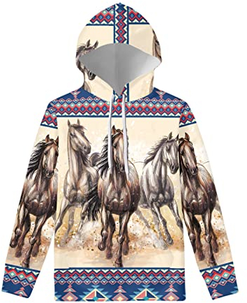 Biyejit Modischer Damen-Kapuzenpullover mit Kordelzug, mit Tasche, Kapuzenpullover für Damen und Mädchen, Aztekenmuster mit Pferde-Motiv, 46