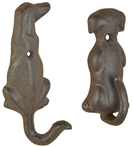Classic Home Store Cast Iron Dog Tail Hook Indoor Outdoor Wall Coat Lead Key Hanger (1 x Each Design), Brown, Set of 2 - 1 of each design