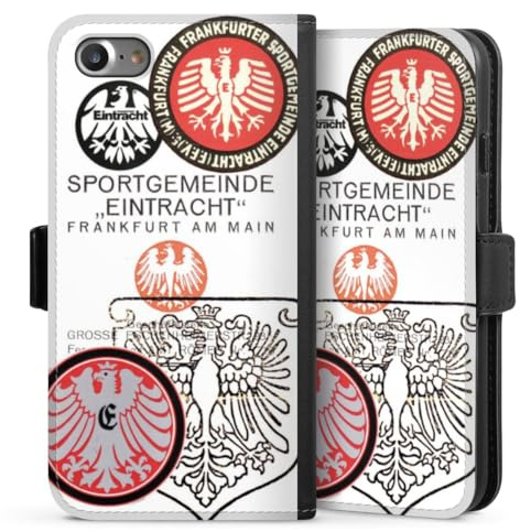 Klapphülle kompatibel mit Apple iPhone SE 2022 Handyhülle aus Kunst Leder schwarz Flip Case Eintracht Frankfurt Retro Offizielles Lizenzprodukt