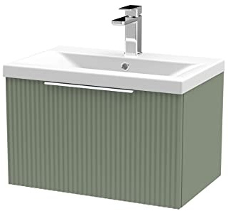 Hudson Reed DFF894A Fluted Modern Bathroom Wall Hung 1 Drawer Vanity Basin Unit with Mid-Edge Ceramic Basin, 600mm, Satin Green