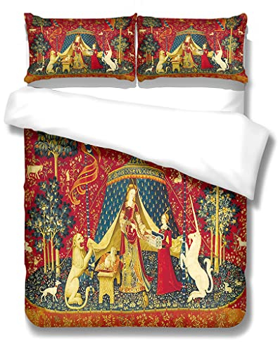 YELDAN Dame und Einhorn Bettwäsche Set 135x200 cm, Mittelalter Muster Design, Bettbezug und Kissenbezug 2 teilig, Weiche Allergiker Microfaser Bettwäsche-Sets
