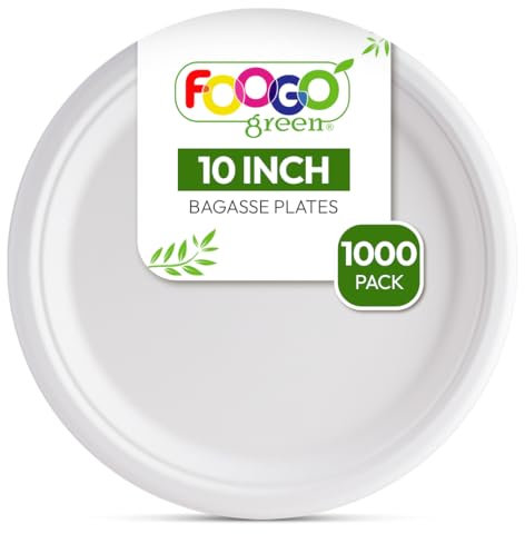 FOOGO Green 1000pcs Disposable Sugarcane Bagasse Plates, 10 inch (25 cm), Eco Friendly Biodegradable Compostable, for Picnic, Party, Large Round Strong Paper Plates
