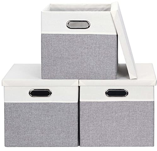 Febzoce Storage Boxes with Lids, Storage Cubes for Unit Shelves Collapsible Fabric Storage Basket Toy Box Organizer Light Grey and White 28 x 28 x 28 cm 3 Pack
