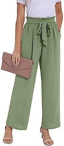 PrinStory Hose Für Damen Weites Palazzo Hose Damene Lastische Taille Leichte Sommerhose Strandarbeit (Blassgrün, XL)