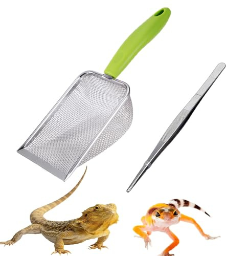 Reptile Shovel Siebschaufel Sand Reptilien Sand Substrat Scoop Reptiliensand Feinmasch Edelstahl Terrarium Substrat Sand Bettwäsche Streu Reiniger Scoop und Lange Reptilien Futterzangen (Grün-2mm)