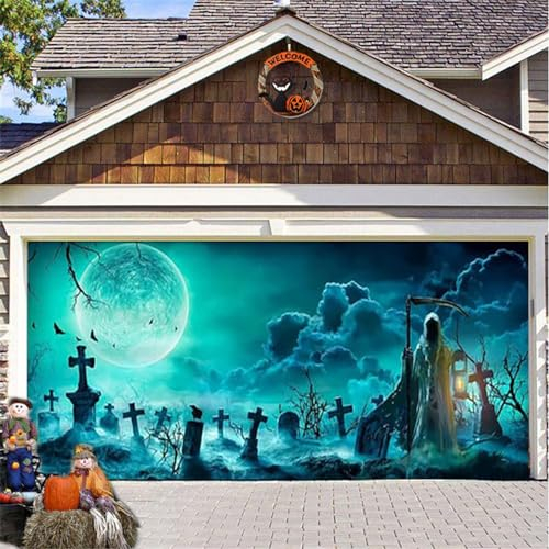 GUASDIE Décorations de Porte de Garage Halloween, bannière de Couverture de Porte de Garage Halloween, fantôme de Citrouille Extra Grand Halloween fête extérieure décorations Fournitures,J,8 x 7 ft