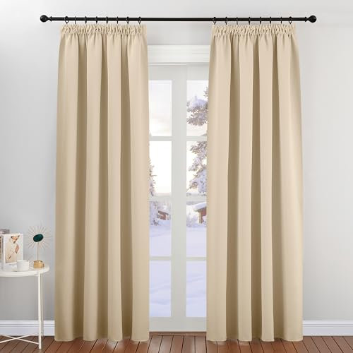 PONY DANCE Pencil Pleat Door Curtain Blackout - 2 Panels Thermal Insulated Curtains for Living Room Privacy Screen Heat Cold Blocking, 46 inch Width x 84 inch Drop, Biscotti Beige