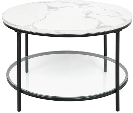 HUOLE Couchtisch, Wohnzimmertisch, Sofatisch, für Wohnzimmer, mit Glasplatte, viel Stauraum, einfacher Aufbau, moderner Stil, weiße Marmoroptik, φ70*45,5cm – Schwarze Beine