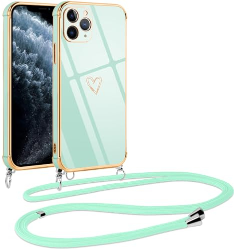 Vauki handyband für iPhone 11 Pro Max Hülle mit Band, Handyhülle mit Kette, Herz Motiv, Ultra Dünn Stoßfeste Aesthetic Case mit Kordel zum Umhängen für iPhone 11 Pro Max 6.5 Zoll, Grün