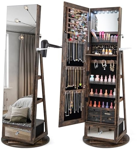 COSTWAY Schmuckschrank 360° drehbar, Spiegelschrank mit Ganzkörperspiegel, LED-Leucheten & Schublade & Haartrocknerhalter, Schmuckregal abschließbar, Standspiegel für Schmuck (Rustikales Braun)