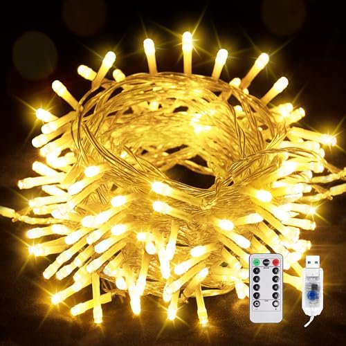 10M LED Lichterkette, 100 LEDs USB Aufladbare Sternen Lichterkette, 8 Modi mit Fernbedienung, Warmweiß Lichterkette Außen und Innen für Weihnachten Halloween Party Hochzeit Terrasse
