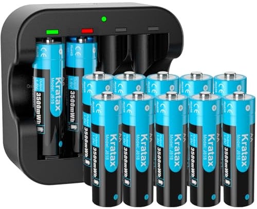 Kratax Rechargeable AA Lithium 1.5V Batteries - High-Capacity 3500mWh - 1600 Cycles - Full-Recharged 12 Pack with Ultra Fast Charger, Long-Lasting, Constant Output for Household Office Device