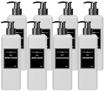 QlyYea Distributeur Shampoing et Gel Douche, 8 Pièces Flacon Pompe Vide 500ml, Distributeurs Savon Noir en Plastique avec Étiquettes, pour Cuisine et Salle de Bain, Blanc Mat