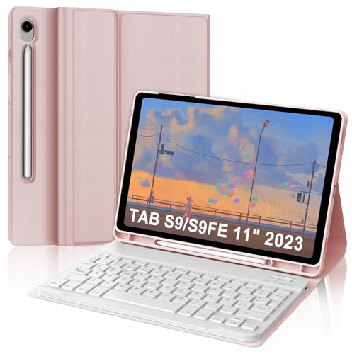SENGBIRCH Funda Teclado Samsung Galaxy Tab S9 FE 10.9, Teclado Samsung Tab S9 11 2023, Teclado España Ñ Bluetooth Inalambrico Desmontable para Samsung Galaxy Tab S9/S9 FE 2023, Rosa Claro