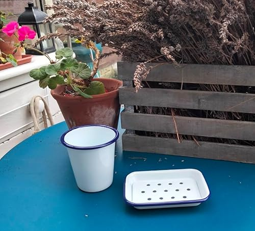 AuraHome ® Enamel Traditional Classic Blue & White Bathroom Set Soap Dish with Inner Tray & 10oz 300ml Tumbler Size Heavy Gauge Vitreous Enamel on Steel,Unbreakable,Retro Hygienic Easy to Clean