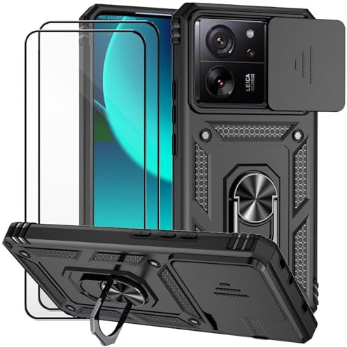 Dechyi Funda para Xiaomi 13T / Xiaomi 13T Pro Carcasa Cubierta de Cámara Deslizante Vidrio Templado con Soporte de Anillo-Negro