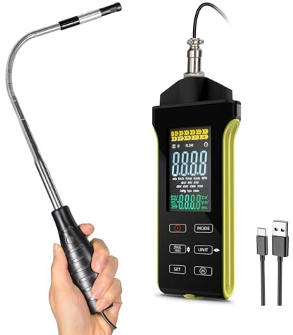 Thermisches Windmesser Messgerät - Digitales Windgeschwindigkeitsmessgerät mit Teleskop-Hotwire-Sensor, misst CFM/CMM Luftstrom & Temperatur, Typ-C-Ladung, Max/Min/Data Hold für HVAC, Luftfahrt