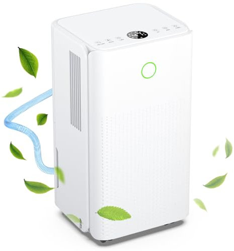 Deshumidificador 12L/Día, Deshumidificadores Bajo Consumo con 3 Modos, Temporizador de 24h, Tubo de Drenaje Drenaje Continuo, Depósito de 2,2 L, 360° Ruedas, Secado de Ropa, Anti-humedad para Casa