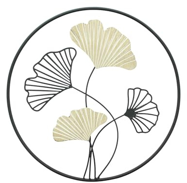 Wanddeko Ginkgo, Metall, mattschwarz, Holz, weiß gekalkt Maße: Ø 40 cm