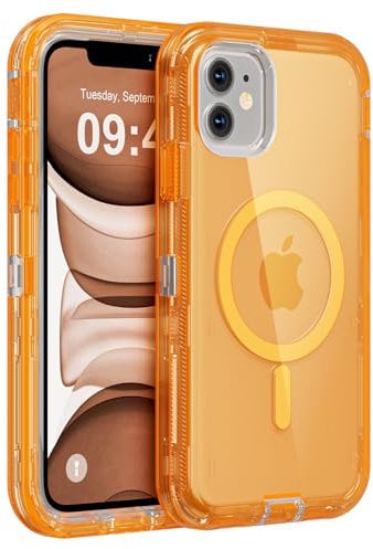 Follaroma for iPhone 11 Case, Compatible with MagSafe, Heavy Duty Shockproof Protection Phone Cases, Anti-Drop, Dual Layer Transparent Magnetic Phone Case for iPhone 11, 6.1, Orange