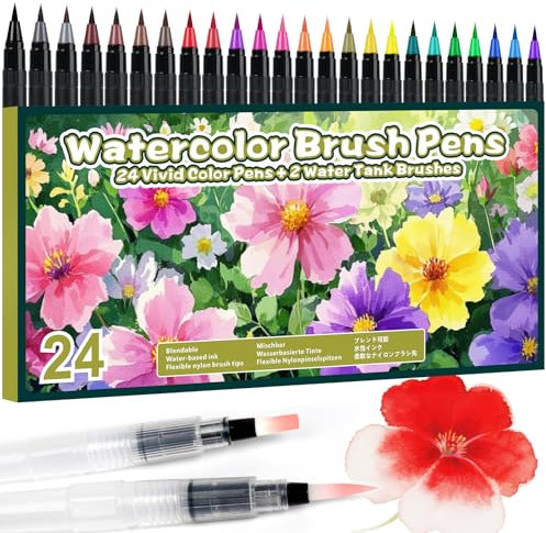 ThEast 24 Aquarellpinsel Stifte + 2 Wassertankpinsel, Aquarell Pinselstifte für Bullet Journal, Handlettering, Kalligraphie, Aquarellmalerei, Brush Pen Set für Künstler & Anfänger
