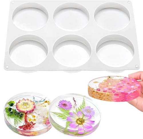 Large Resin Moulds Silicone, 6 Cavity Deep Round Silicone Molds for Epoxy Resin Casting, Reusable Coaster Moulds for DIY Crafts, Cup Mats, Art Projects
