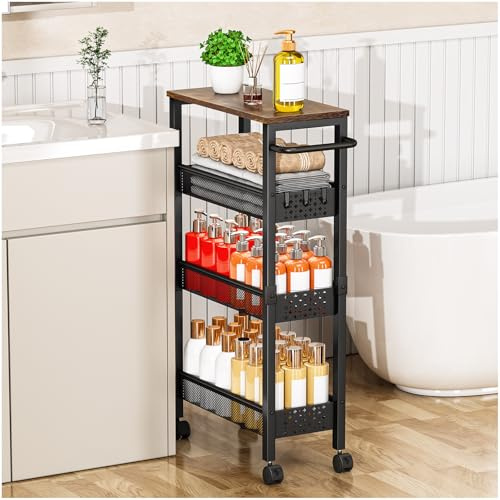 Vivihomety Utility Slim Storage Cart with Wheels, 4-Tier Narrow Rolling Organizer Shelf with Wood Top, Metal Storage Rack and Space-Saving Organizer for Bathroom, Kitchen, Laundry Room, Small Spaces