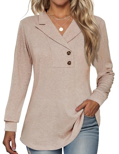 Tisfeer Dam långärmad knapp tunika toppar V-ringad business vardaglig swing-sweatshirt pullover 2025