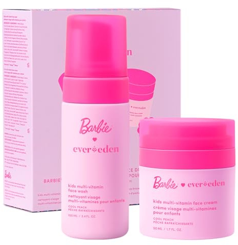 Evereden Barbie Limited Edition Kids Happy Face Duo + Exclusive Accessories | Multi-Vitamin Face Wash & Cream Set with Stickers + Bracelets | Clean Skin Care for 3+ | Barbie Gift Box for Kids