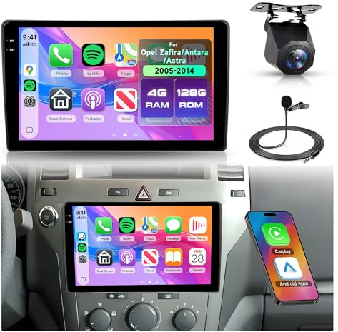 Rimoody 4G+128G Android Radio de Coche para Opel Zafira/Antara/Astra 2006-2010, 9 Pulgadas Pantalla IN-Cell con Carplay Android Auto Inalámbrico WiFi FM/RDS/EQ Navegación GPS Bluetooth Cámara Trasera