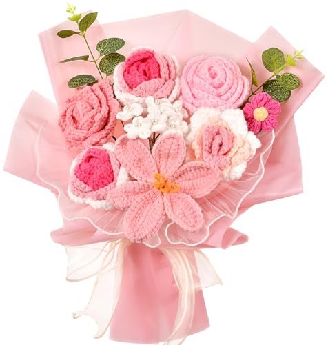 Wishwell Pop Crochet Flower Bouquet, Rose Tulip Flowers, Pink | Handmade Knitted Flower Gift for Mum, Wife, Friends and Loved Ones on Mother's Day, Valentine's Day, Birthday and Anniversary