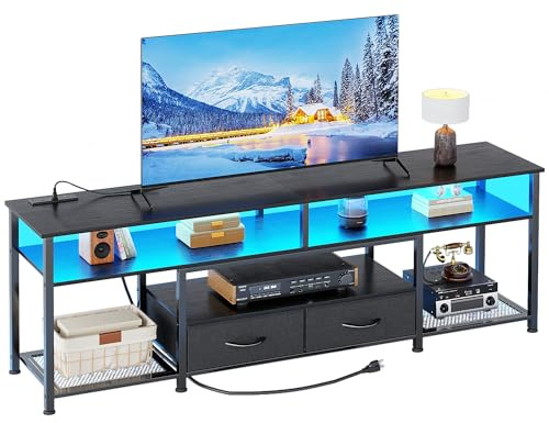 MUTUN 160cm TV Stand Cabinet, TV Unit with Charging Station and LED Light for 45 55 65 70 75 inch TV, TV Bench for Living Room Bedroom with Storage Fabric Drawers and Shelves, Black