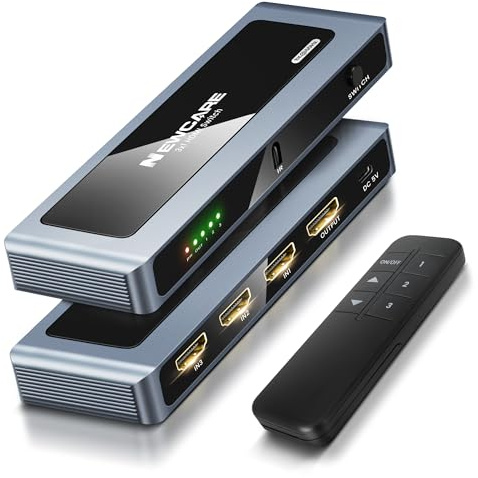 NEWCARE 8K HDMI Switch 3 in 1 Out, 4K@120Hz Aluminum HDMI Umschalter 3 in 1 Out mit Fernbedienung, 3 Ports HDMI Switcher Unterstützt 8K@60Hz 48Gbps HDR10+ VRR
