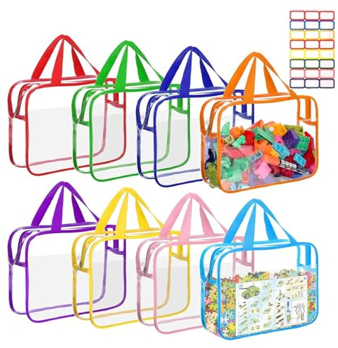 8pcs Clear Toy Storage Bags, Waterproof Pvc Storage Bags with Handle, Toy Storage Bag with Zipper for Building Blocks 11.8x8.6x3.9 Inch, 8 Colors