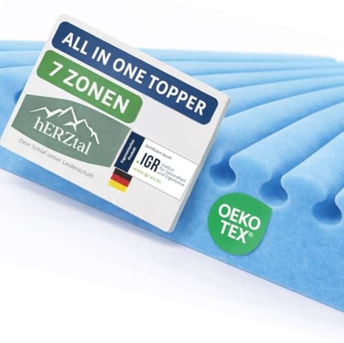 hERZtal 7-Zonen Gelschaum Topper 5cm-All in One Matratzenauflage mit Duo-Wendehärte H2/H3 – Ergonomisch IGR-Zertifiziert-Sommer- & Winterseite-Made in Germany-Für Boxspringbett & Matratze (90x200 cm)