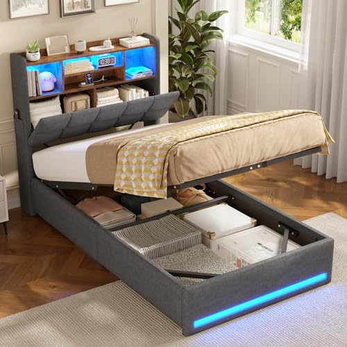 AOGLLATI Single Ottoman Bed with Hydraulic Storage & Charging Station | 3ft Upholstered Storage Bed with Upholstered Platform Bed frame with Storage Headboard & Led Lights(Gray, Single-90x190cm)