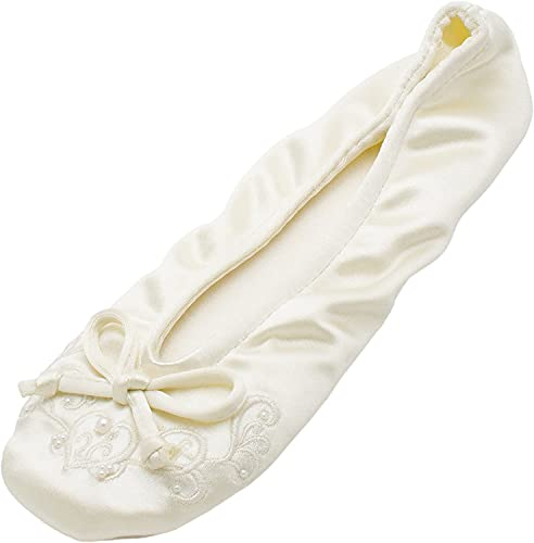 Isotoner Women's Soft Satin Ballerina Slippers with Embroidered Pearl Ballet Flat, Ivory, 6/7 UK