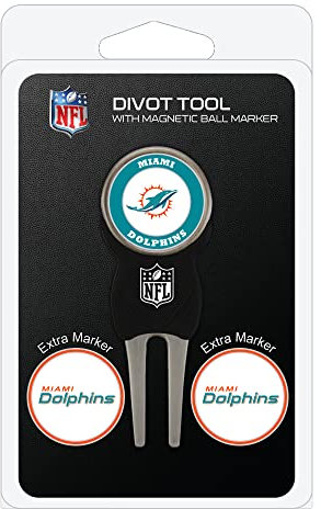Team Golf NFL Miami Dolphins Pitchgabel-Set mit 3 Golfball-Markern, Pitchgabel mit 3 Golfball-Markern, Markierungen sind abnehmbar, magnetisch, doppelseitig, emailliert