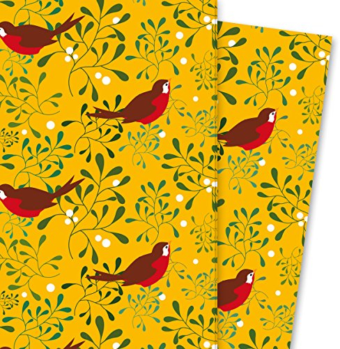 Kartenkaufrausch Schönes Mistel Geschenkpapier Set mit Vögelchen auf gelb 4 Bögen, 32 x 47,5 cm Dekorpapier, Musterpapier zum Einpacken, Designpapier, scrapbooking zum Basteln