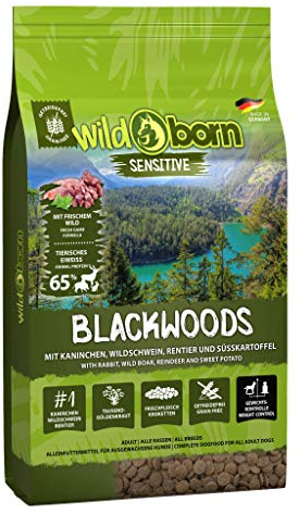 Wildborn Premium Hundefutter Blackwoods - mit Kaninchen, Wildschwein & Rentier und Süßkartoffel - Linie Sensitive für sterilisierte Hunde und für Hunde zur Gewichtskontrolle