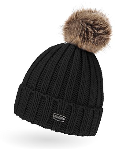 Neverless® Herren Strickmütze Kunstfell-Bommel Grobstrick Winter-Mütze