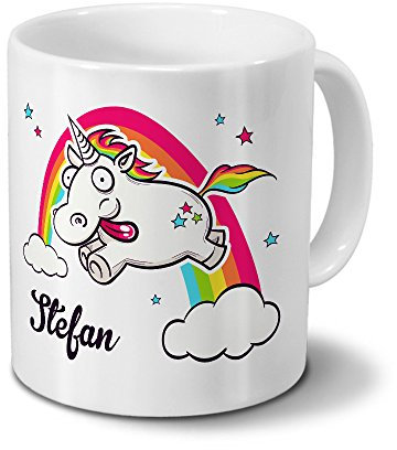 printplanet Tasse mit Namen Stefan - Motiv Verrücktes Einhorn - Namenstasse, Kaffeebecher, Mug, Becher, Kaffeetasse - Farbe Weiß