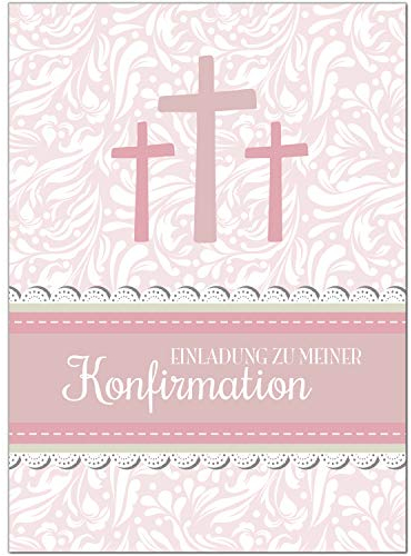 10 x Einladungskarten zur Konfirmation mit Umschlägen / 3 Kreuze, rosa, für Mädchen/Konfirmationskarten/Einladungen zur Feier