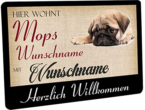 Crealuxe Fussmatte mit Wunschtext/Wunschname Hier wohnt Mops - 60x40 cm - Gummi Rückseite/rutschfest - Filzoberfläche - Bedruckte Türmatte - Innenmatte